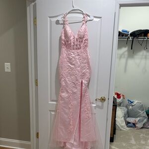 Pink Lace Appliqué Evening Gown with Front Slit